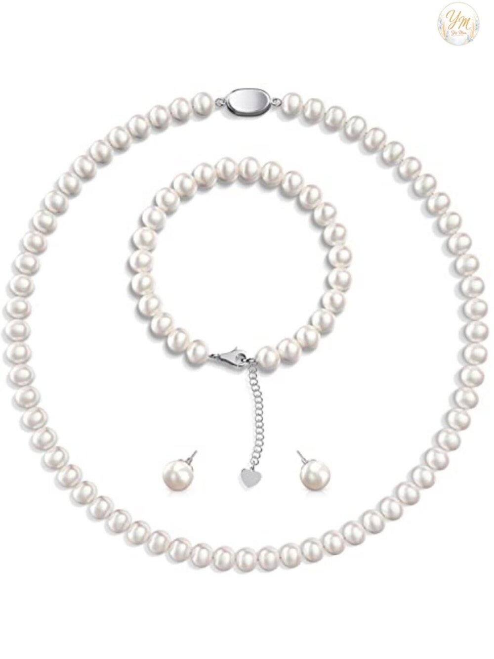 Cultured Freshwater Pearl Necklace Set with Bracelet and Stud Earrings for Women
